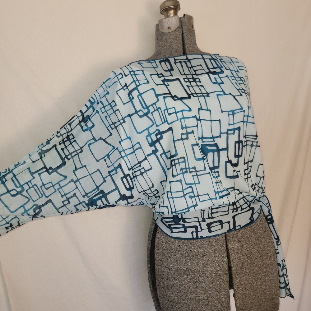Vintage 90s Y2K Bat Wing Top Sheer Baby Blue Geometric Fang Glam L/XL Tie Waist - Picture 2 of 12